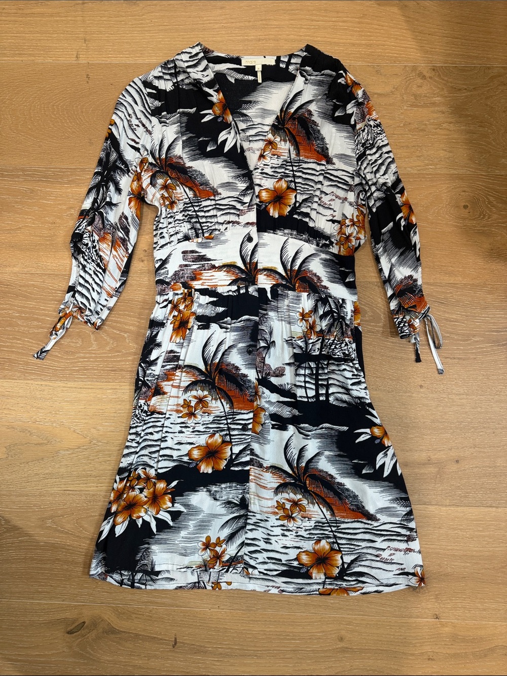 Maje Black, White and Orange Tropical-Print Long Sleeve Dress